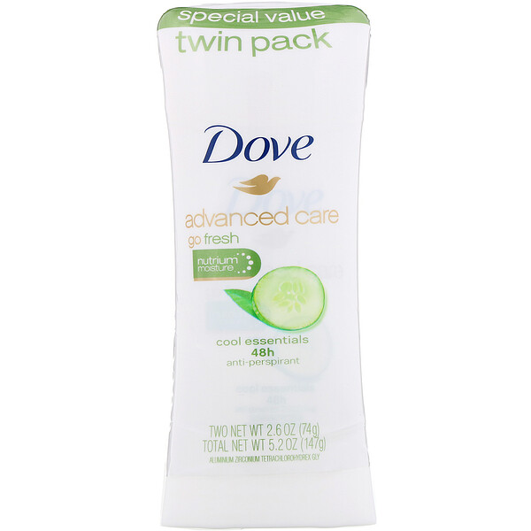 Dove, Advanced Care, Go Fresh, Desodorante antitranspirante, Cool Essentials, Paquete con 2 unidades, 74 g (2,6 oz) cada una