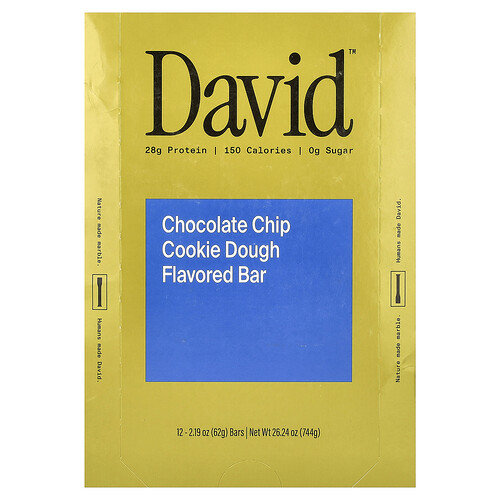 David Protein , Protein Bar, Chocolate Chip Cookie Dough, 12 Bars, 2.19 oz (62 g) Each