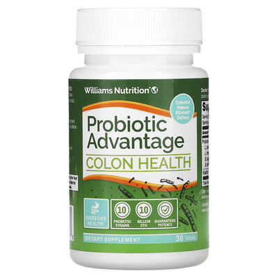 

Williams Nutrition Probiotic Advantage, пробиотики для здоровья кишечника, повышенная сила действия, 30 таблеток