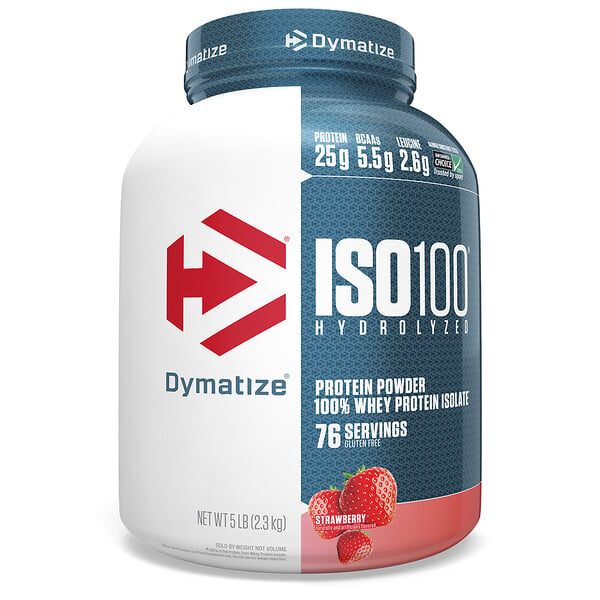 Dymatize Nutrition, ISO100 hidrolizado, 100 % aislado de proteína de suero de leche, Fresa, 2,3 kg (5 lb)