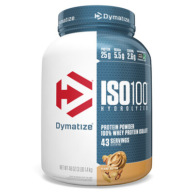 Dymatize Nutrition ISO 100 гидролизованный, 100% изолят сывороточного протеина, арахисовое масло, 48 унций (1,4 кг)