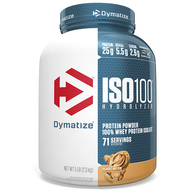 Купить Dymatize Nutrition ISO100, гидролизованный 100% изолят сывороточного протеина, арахисовое масло, 2, 3 кг (5 фунтов)