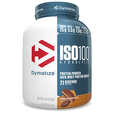 Купить Dymatize Nutrition ISO100, гидролизованный 100% изолят сывороточного протеина, шоколад и арахисовое масло, 2, 3 кг (5 фунтов)