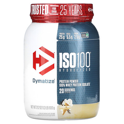 Dymatize Nutrition ISO 100, гидролизованный, порошок из 100% изолята сывороточного протеина, изысканная ваниль, 600 г (1,3 фунта)