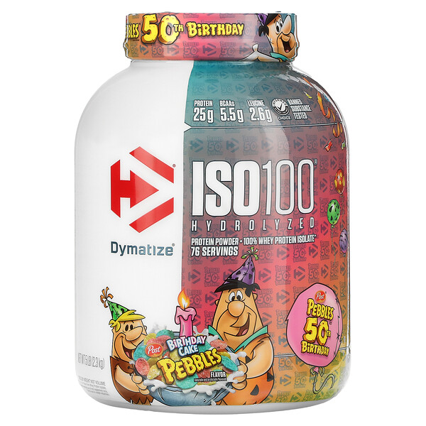Dymatize Nutrition‏, 100% חלבון מי גבינה מבודד שעבר הידרוליזה העומד בתקן ISO100, עוגת יום הולדת, 2.3 ק"ג (5 ליברות)