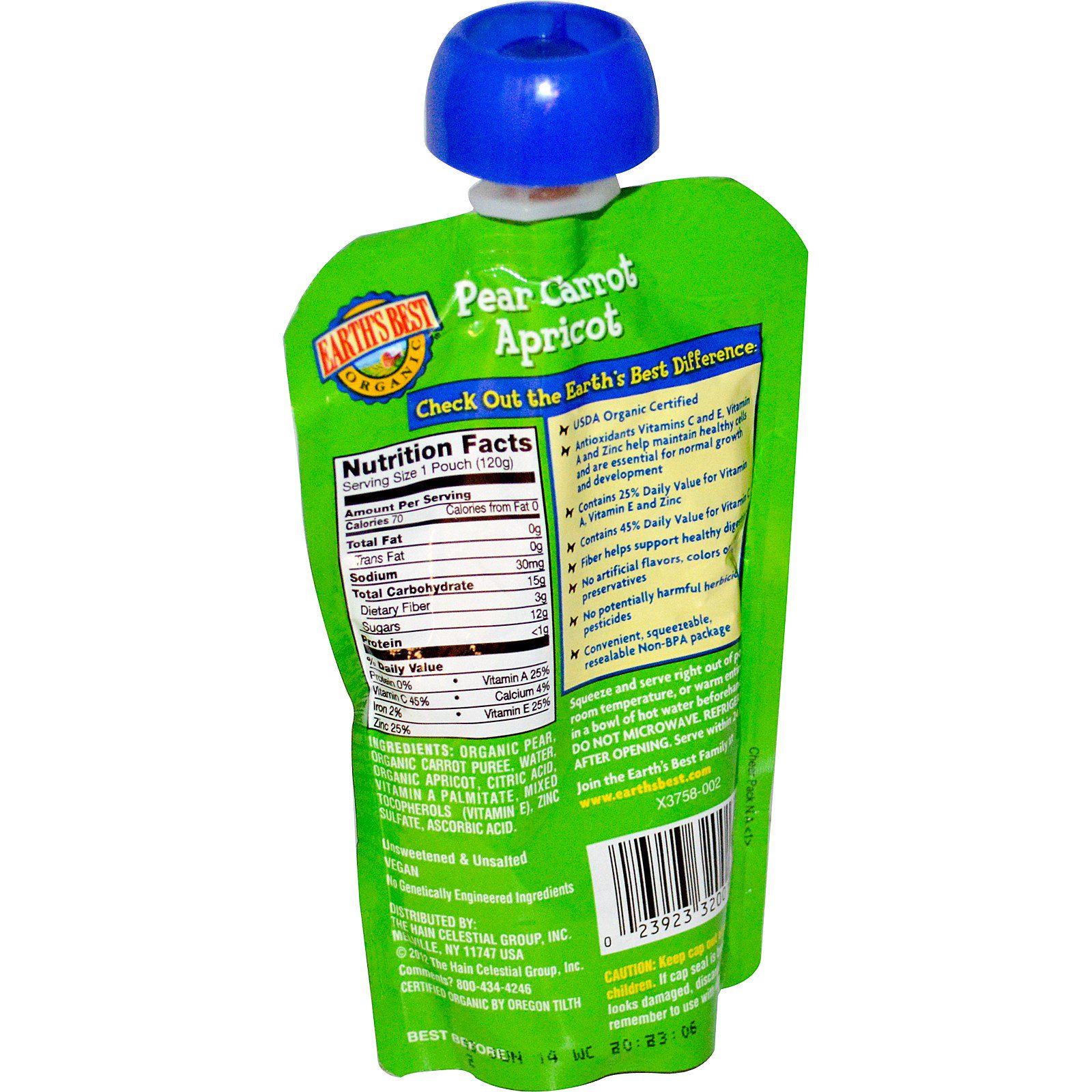 Earth's Best, Organic Baby Food Puree, Pear Carrot Apricot, 4.2 oz (120