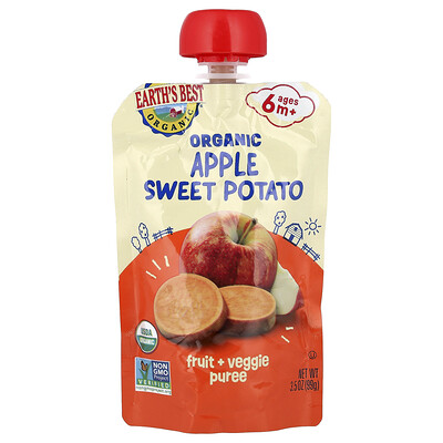 Earth's Best, Puré de frutas y vegetales orgánicos, 6 meses en adelante, Manzana y batata, 99 g (3,5 oz)