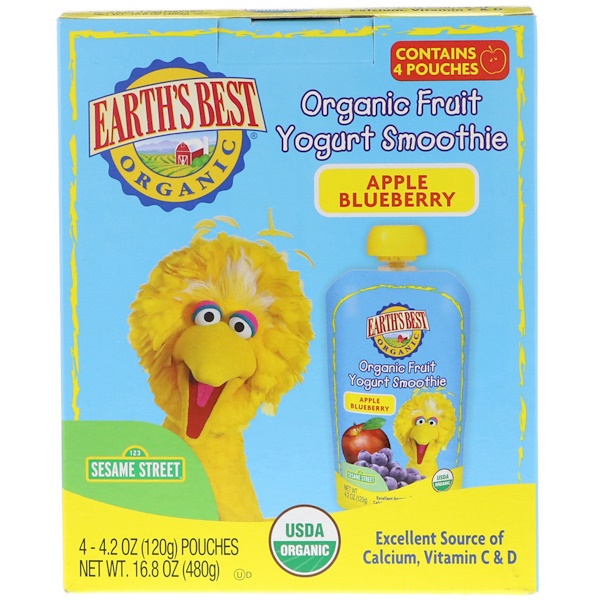 Earth's Best, Sesame Street, Organic Fruit Yogurt Smoothie, Apple Blueberry, 4 Pouches, 4.2 oz