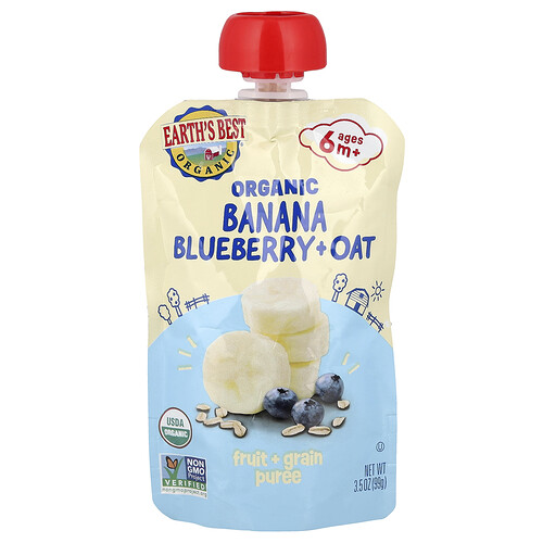 Earth's Best, Organic Fruit + Grain Puree, 6+ Months, Banana Blueberry & Oat, 3.5 oz (99 g)