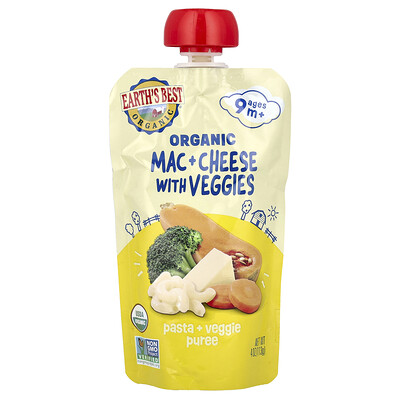 Earth's Best, Pasta orgánica y puré de vegetales, Para niños de 9 meses en adelante, Macarrones con queso y vegetales, 113 g (4 oz)