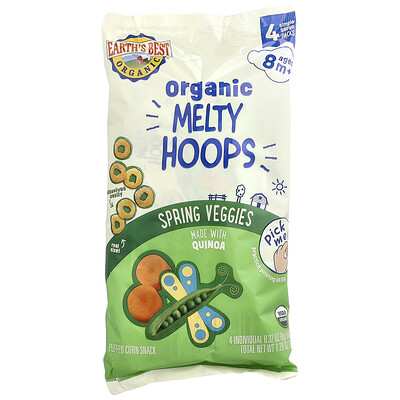 Product Image for Earth's Best, Organic Melty Hoops, Puffed Corn Snack, 8+ Months, Spring Veggies, 4 Single Serve Packs, 0.32 oz (9 g) Each