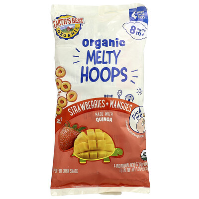 Product Image for Earth's Best, Organic Melty Hoops, Puffed Corn Snack, 8+ Months, Strawberries + Mangoes, 4 Single Serve Packs, 0.32 oz (9 g) Each