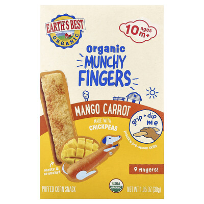 Earth's Best, Bocadillo de maíz inflado orgánico Munchy Fingers, 10 meses en adelante, Mango y zanahoria, 30 g (1,05 oz)