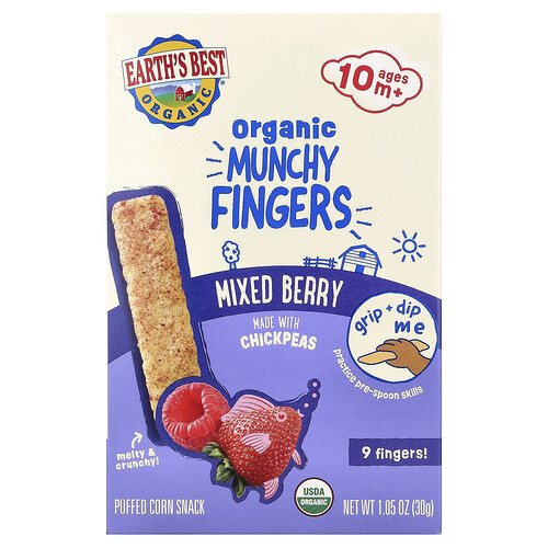 Earth's Best Earth's Best, Organic Munchy Fingers, Puffed Corn Snack, 10+ Months, Mixed Berry, 1.05 oz (30 g)