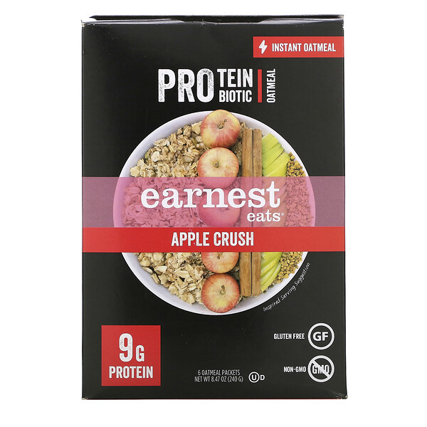 Earnest Eats, Protein & Probiotic Instant Oatmeal, Apple Crush, 6 Packets, 8.47 oz (240 g)