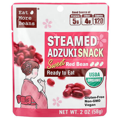 Eat More Beans, Bocadillo adzuki al vapor, Frijol rojo dulce, 58 g (2 oz)
