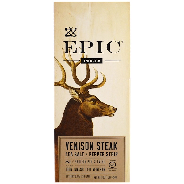 Epic Bar, Venison Steak Sea Salt + Pepper Strip, 20 Strips, 0.8 oz (23