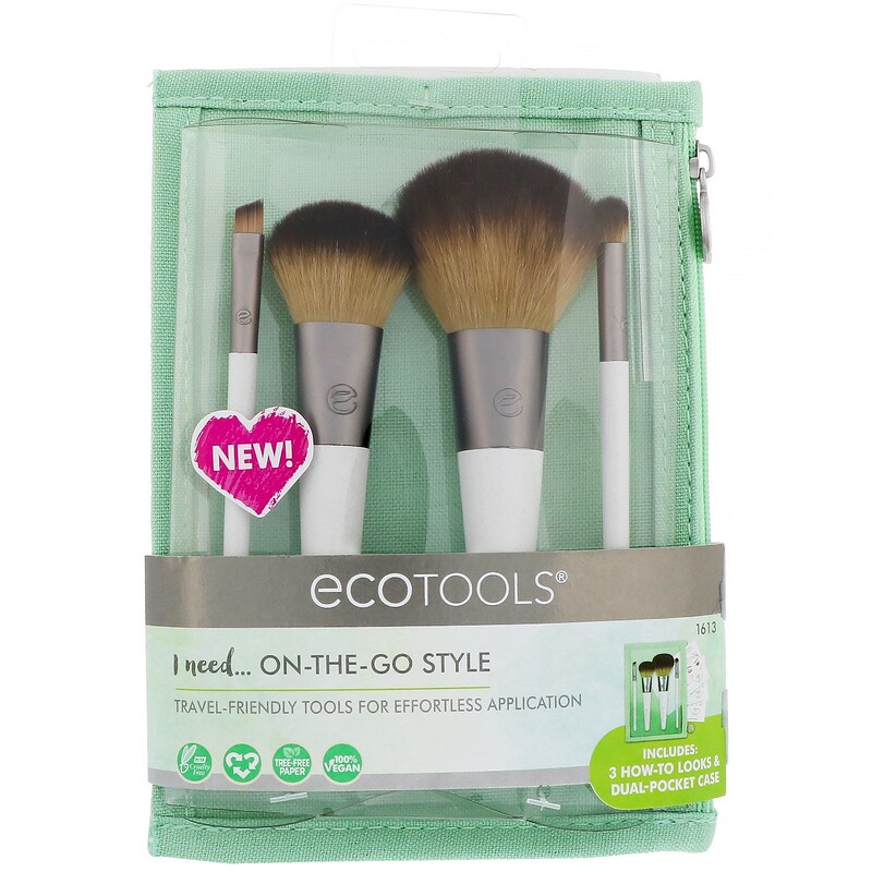 EcoTools, On The Go Style Brush Set, 4 Piece Set & Dual Pocket Case iHerb