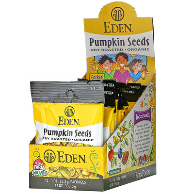 Купить Eden Foods Organic, Pocket snacks, тыквенные семечки, сухие жареные, 12 пакетиков, 1 унция (28, 3 г) каждый