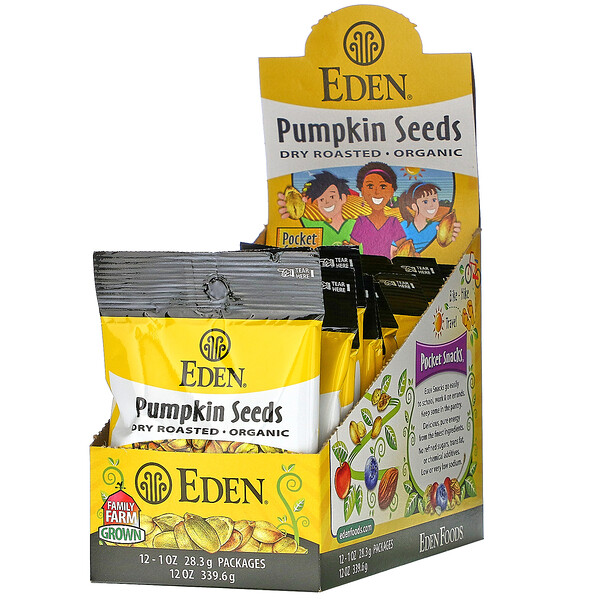 Eden Foods‏, Organic, Pocket Snacks, Pumpkin Seeds, Dry Roasted, 12 Packages, 1 oz (28.3 g) Each