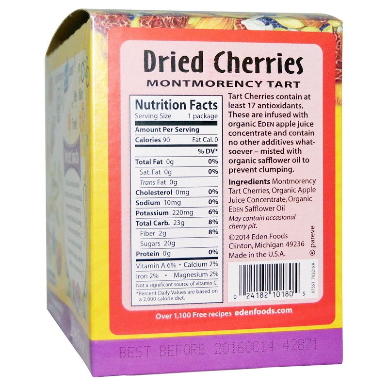 Eden Foods, Pocket Snacks, Dried Cherries, Montmorency Tart, 12 Packages, 1 oz (28.3 g) Each iHerb