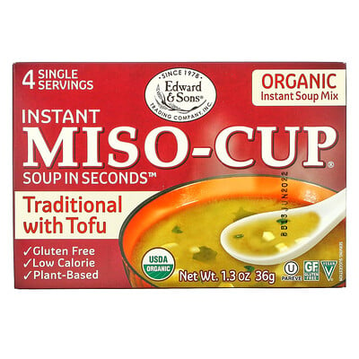 Edward & Sons Instant Miso-Cup, Traditional with Tofu, 4 Single Servings, 1.3 oz (36 g)