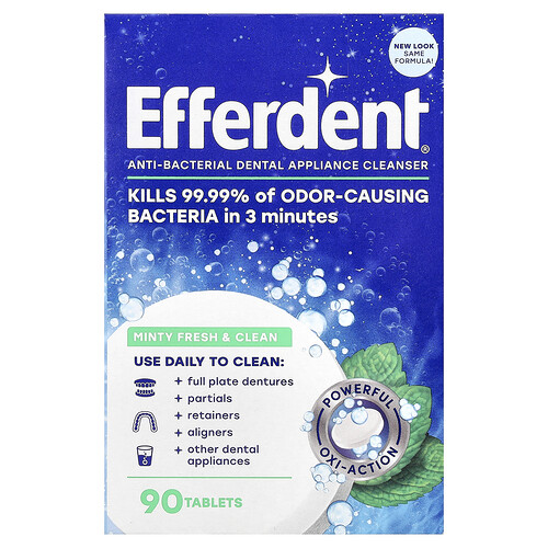 Efferdent Anti-Bacterial Dental Appliance Cleanser, Minty Fresh & Clean, 90 Tablets