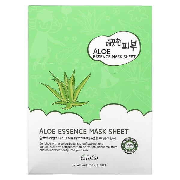 Esfolio, Aloe Essence Beauty Mask Sheet, 10 Sheets, 0.85 fl oz (25 ml) Each