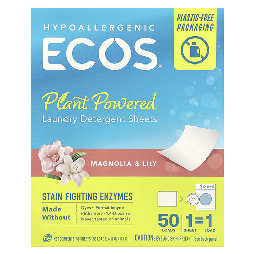 Ecos, Ecos®, Plant Powered Laundry Detergent Sheets, Magnolia & Lily, 50 Sheets