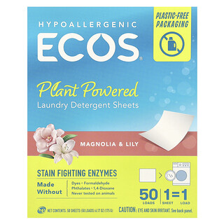 Earth Friendly Products, Ecos®, Plant Powered Laundry Detergent Sheets, Magnolia & Lily, 50 Sheets