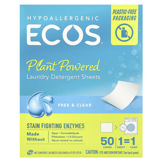 Earth Friendly Products, Ecos®, roślinne chusteczki do prania, Free & Clear, 50 chusteczek