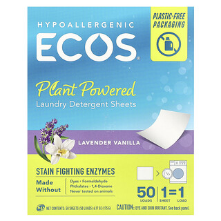 Earth Friendly Products, Ecos®, Folhas de Detergente para Roupas à Base de Plantas, Lavanda e Baunilha, 50 Folhas
