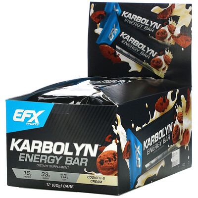 EFX Sports Karbolyn Energy Bar, Cookies & Cream, 12 Bars, 2.12 (60 g) Each