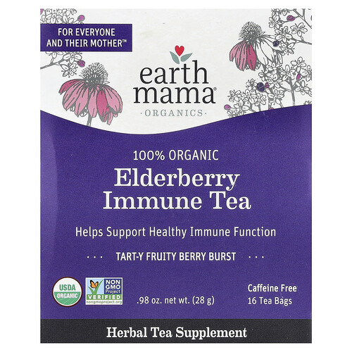 Earth Mama Organics, 100% Organic Elderberry Immune Tea, Tart-Y Fruity Berry Burst, Caffeine Free, 16 Tea Bags, 0.98 oz (28 g)