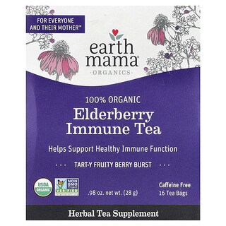 Earth Mama, Organics, Té de saúco 100 % orgánico para favorecer el sistema inmunitario, Explosión ácida y frutal de bayas, Sin cafeína, 16 bolsitas de té, 28 g (0,98 oz)