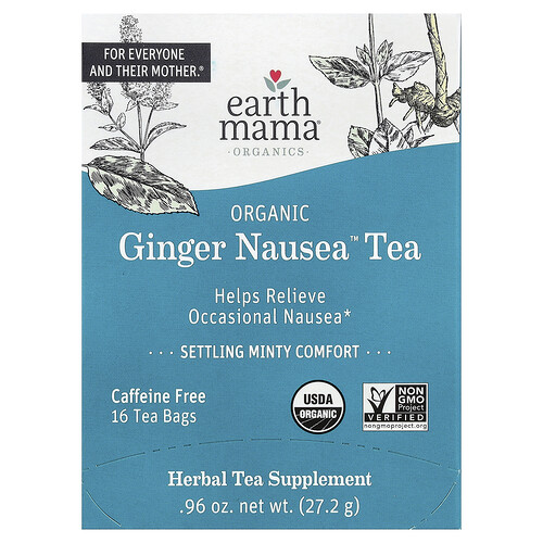 Earth Mama Organics, Organic Ginger Nausea™ Tea, Settling Minty Comfort, Caffeine Free, 16 Tea Bags, 0.96 oz (27.2 g)