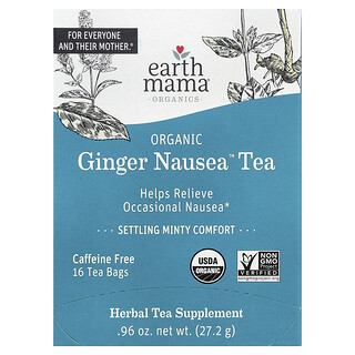 Earth Mama, Organics, Tè biologico Ginger Nausea™, Comfort di menta stabilizzante, senza caffeina, 16 bustine di tè, 27,2 g