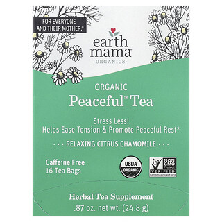 Earth Mama, Organics, Té orgánico Peaceful™, Té cítrico y manzanilla relajante, Sin cafeína, 16 bolsitas de té, 24,8 g (0,87 oz)