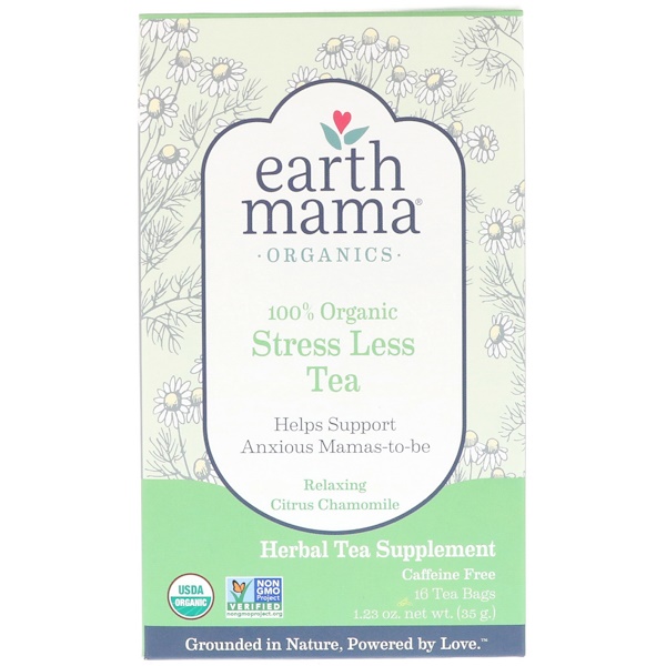 Earth Mama, Органический, 100% органический чай против стресса, расслабляющий цитрус и ромашка, 16 чайных пакетиков, 1,23 унц. (35 г)