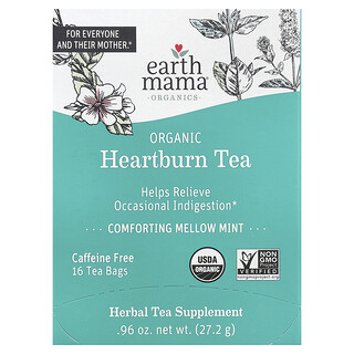 Earth Mama, Organics, Organic Heartburn Tea, Comforting Mellow Mint, Caffeine Free, 16 Tea Bags, 0.96 oz (27.2 g)