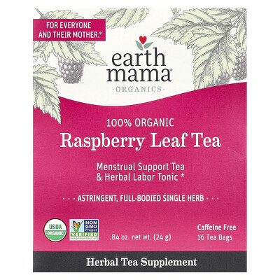 Earth Mama, Organics, Té de hoja de frambueso 100 % orgánico, Sin cafeína, 16 bolsitas de té, 24 g (0,84 oz)