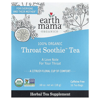 Earth Mama, オーガニック、100％オーガニックThroat Soothie™（スロートスーズ）ティー、カフェインフリー、ティーバッグ16袋、28g（0.98オンス）