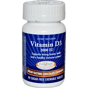 Enzymatic Therapy, Витамин D3, без сахара, шоколад, 2000 МЕ, 90 жевательных таблеток
