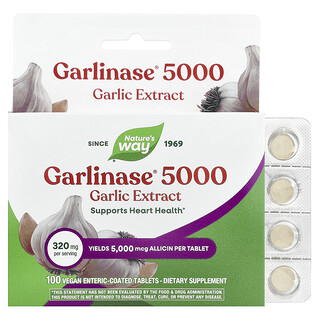 Nature's Way, Garlinase® 5000, Extracto de ajo, 320 mg, 100 comprimidos veganos con recubrimiento entérico