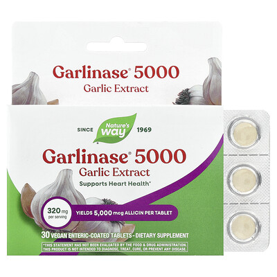 Nature's Way, Garlinase® 5000, Extracto de ajo, 320 mg, 30 comprimidos veganos con recubrimiento entérico