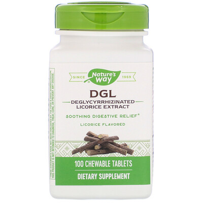 Nature's Way DGL, глицирризинат солодки (экстракт), ароматизатор солодки, 100 жевательных таблеток