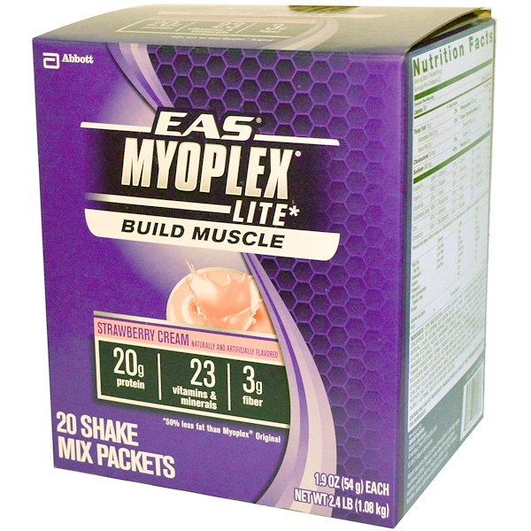 EAS, MyoPlex Lite Build Muscle Shake Mix, Strawberry Cream, 20 Packets