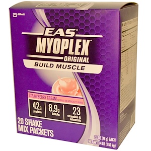 Купить EAS, MyoPlex, Original, Shake Mix, клубничный крем, 20 пакетиков, 2,7 унции (78 г) каждый  на IHerb
