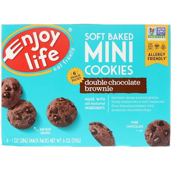 Enjoy Life Foods, Soft Baked Mini Cookies, Double Chocolate Brownie, 6 Snack Packs, 1 oz (28 g) Each