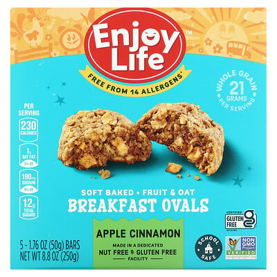 

Enjoy Life Foods, Soft-Baked Breakfast Fruit & Oat Ovals, Apple Cinnamon, 5 Bars, 1.76 oz (50 g) Each